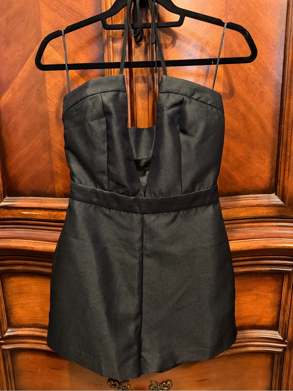 Endless Rose Tuxedo Style Black Strapless Mini Romper with Plunge Neckline small